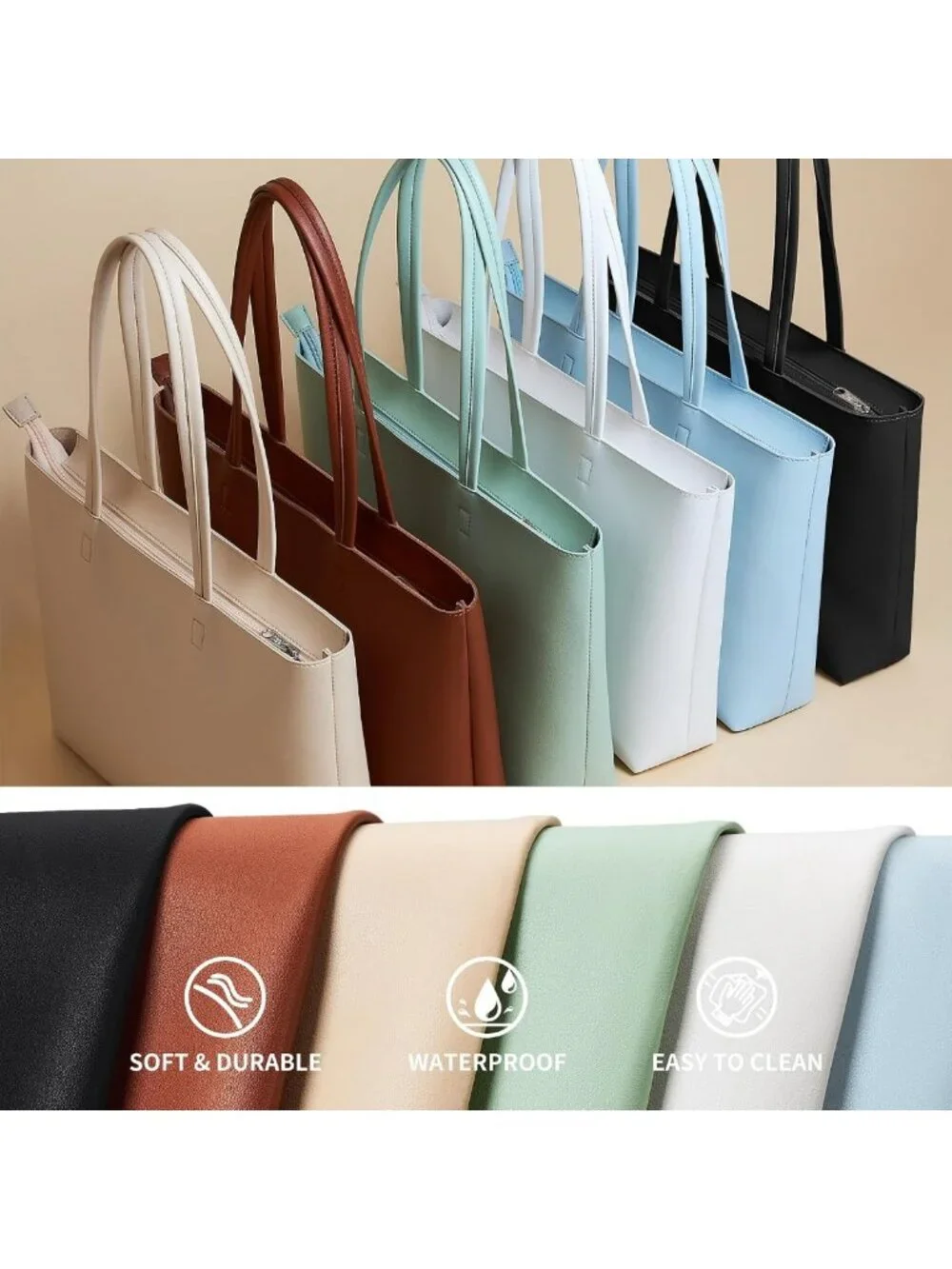 Vegan Leather Tote Bag - Large Zipper Shoulder Purse for Work, College